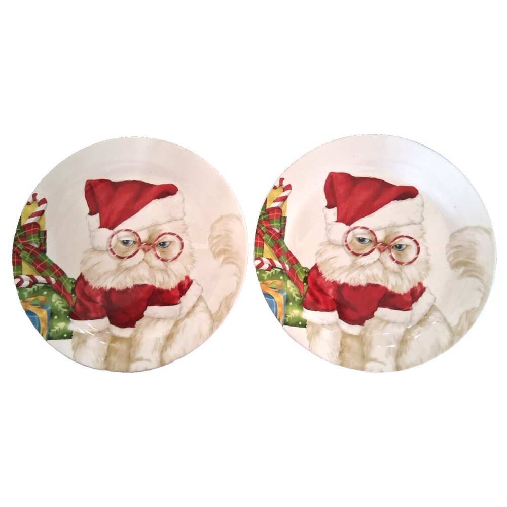 2 Pier 1 Grumpy Christmas Cat Santa with Hat Salad Plate  9” Ironstone